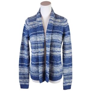 Chaps Petite Blue White Open Front Cardigan Sweater PM Cotton Blend Knit